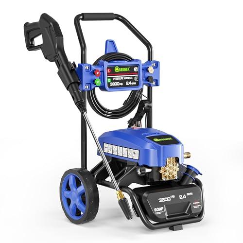 GREENER Electric Pressure Washer, 3800 Max PSI and 2.4 Max GPM, Onboard Soap Tank, Spray Gun and Wand, 5 Nozzle Set, for Cars/Fences/Driveways/Homes/Patios/Furniture-Blue