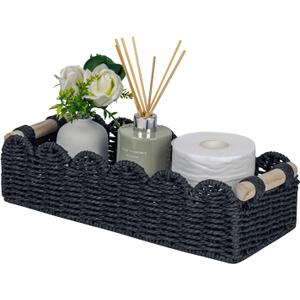 CubesLand Toilet Paper Storage Basket Scalloped Edge Home Decor Basket, Living Room Cozy Decor, Paper Rope Small Baskets for Over Toilet Storage Shelf, End Table, Shelves, with 2 Wooden Handles, Black (M - 14"L x 6.3"W x 3.9"H)