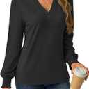GKBK Womens Long Sleeve Shirts Fall Tops V Neck Business Dressy Casual Blouses with Smocked Cuffs (Black, XL)