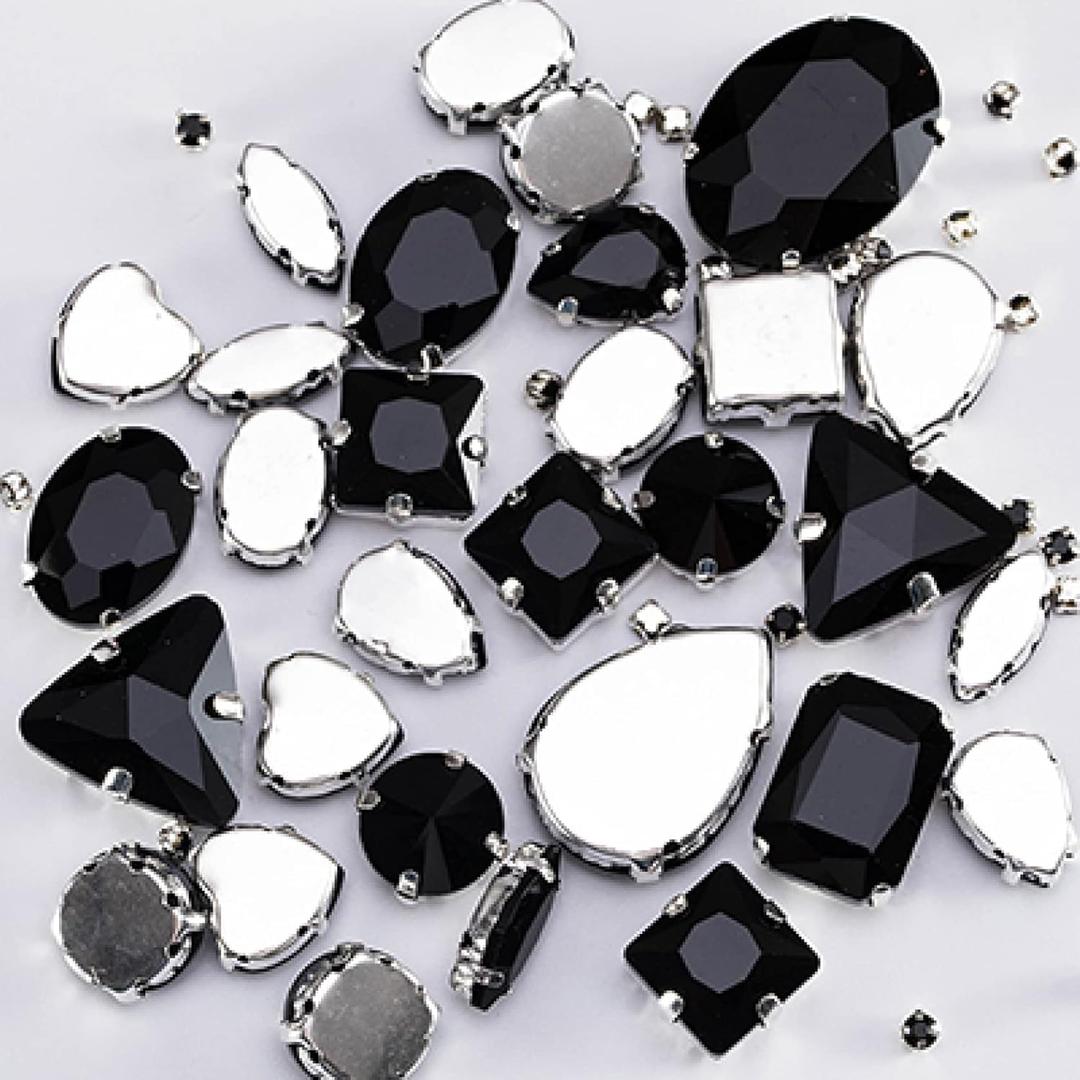 Sew On Rhinestones Emerald Green Glass Rhinestones for Clothing Loose Flatback Dress Stones Decorative Crystal Sew On Rhinestones 50PCS/Pack(Black) (Mix Sizes 50PCS)