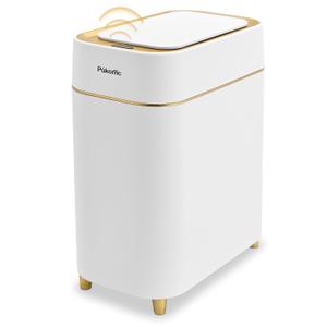 Pukomc Automatic Small Sensor Trash Can with Touchless Lid, 2.3 Gallon / 9L Smart Garbage Can, Quiet Close White Gold Waste Bin - Perfect for Kitchen, Living Room & Small Spaces