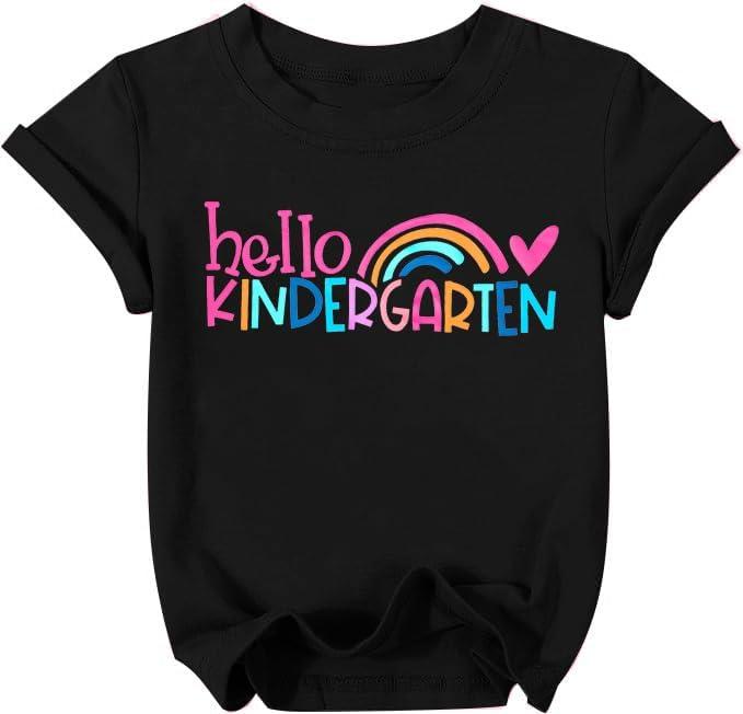 Hello Kindergarten Shirts for Kids First Day of School T Shirt Cute Back to School Short Sleeve Tee Tops (Black 1)