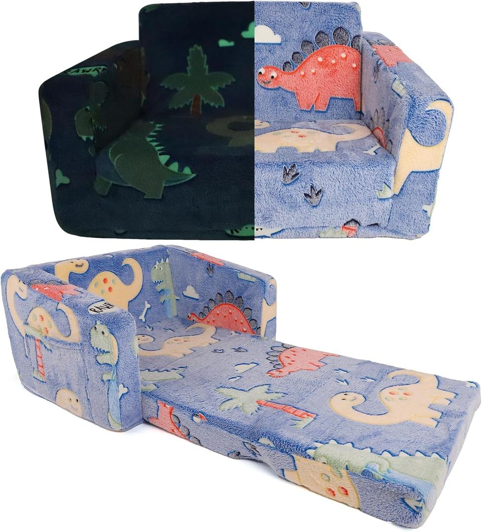 Hrebr Kids Chairs for Toddler, 2 - in - 1 Toddler Soft Teddy Fleece Couch Featuring Glow - in - The - Dark Elements, Fold Out, Convertible Sofa to Lounger for Girls and Boys - Colorful Dinosaur