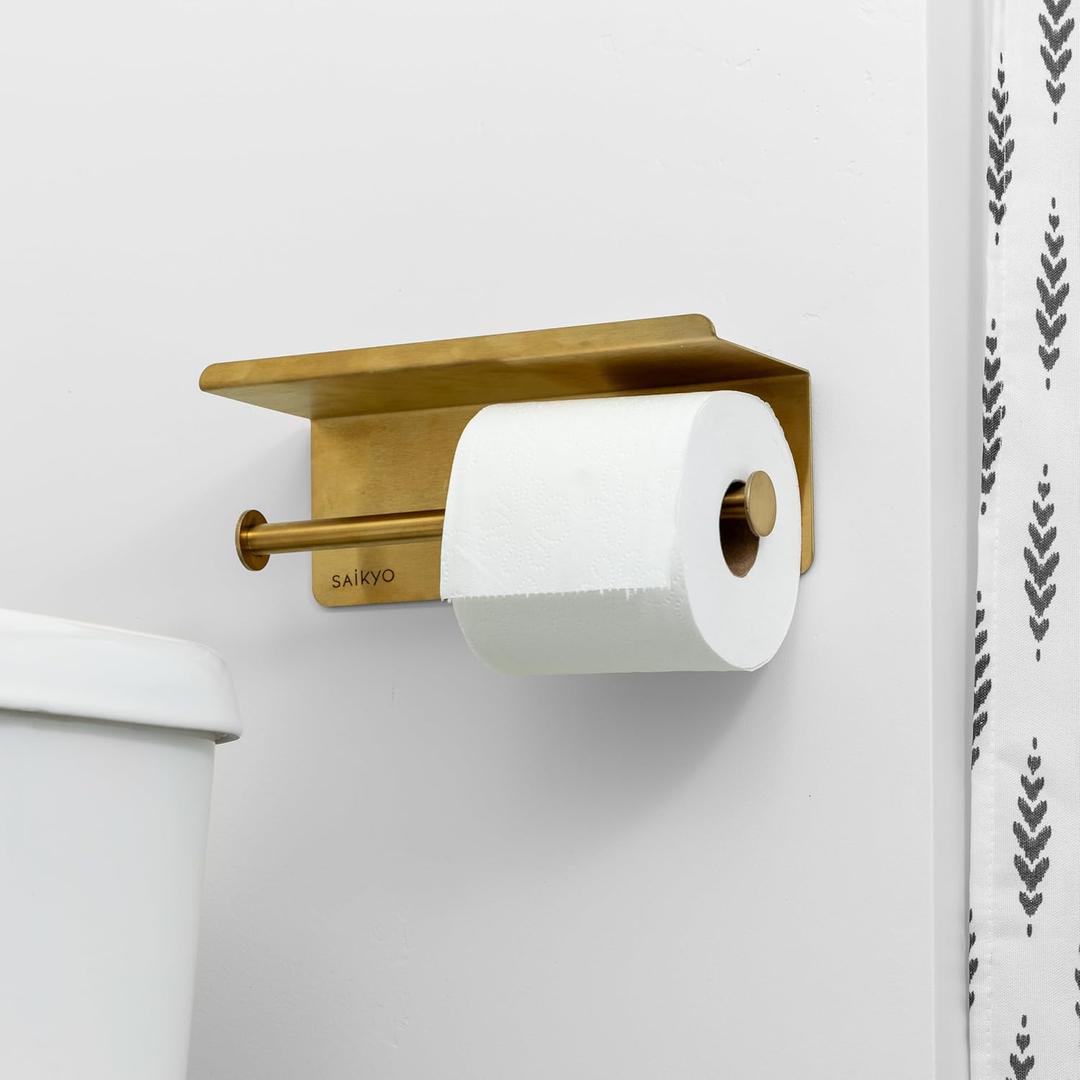 SAIKYO Dual Toilet Paper Holder Wall Mount - Premium Stainless Steel Tissue Dispenser for Bathroom - Rustproof, Heavy-Duty, Modern Brushed Finish (Gold)