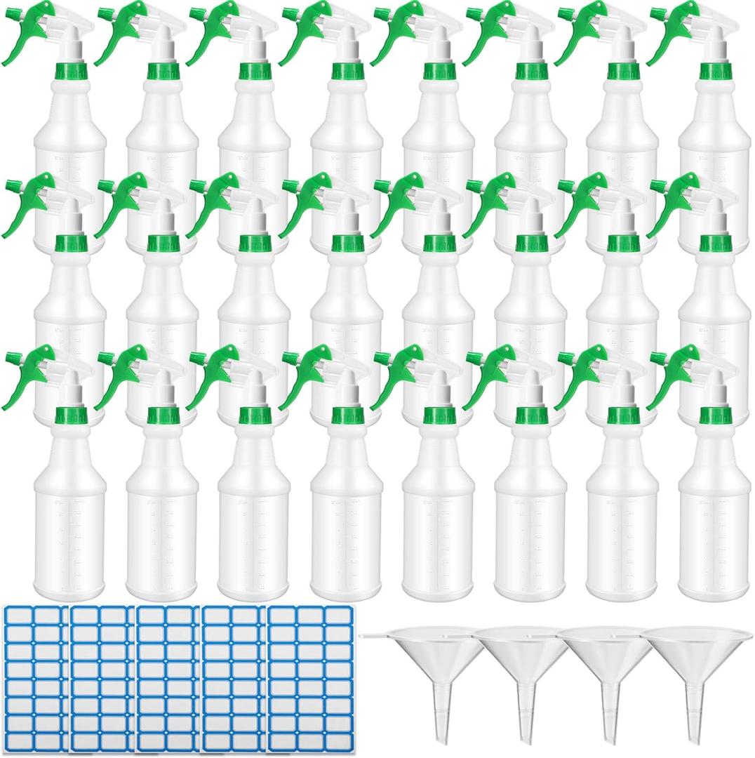 Zubebe 24 Pack 32 oz Plastic Spray Bottle Bulk Empty Leakproof Heavy Duty Spray Bottles for Cleaning Supplies Mist Bottles with Label and Adjustable Nozzle for Plant(Green,Clear Scale)