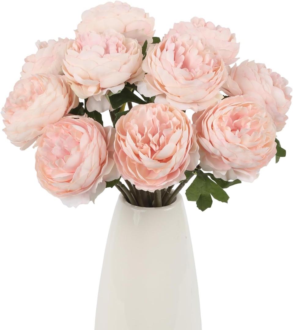 10pcs Champagne Pink Peonies Artificial Flowers Silk Peonies with Stems Real Look Fake Peony for Home Table Decorations Wedding Faux Flowers Arrangements (Champagne Pink)