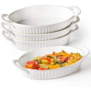 Frewinky Au Gratin Baking Dishes,9-inch Ceramic Baking Dish Set with Handles Heat Resistant,Mini Casserole-Dishes for Oven, Porcelain Oval Baking Dishes for Gratin,Casserole and Roasting,White