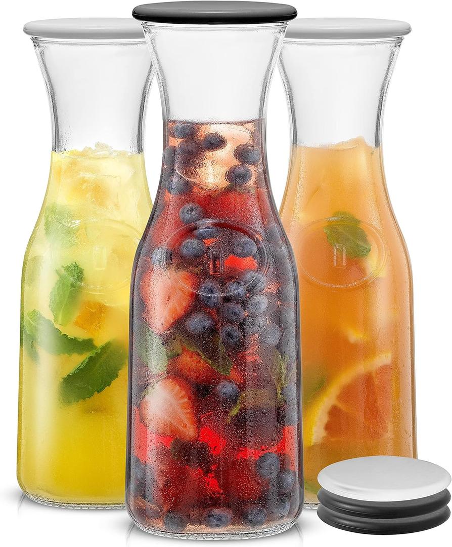 JoyJolt Glass Carafe with Lid, Set of 3 1 Liter Glass Pitcher for Mimosa Bar, Water, Iced Tea, Juice, Lemonade, Milk Dishwasher Safe Beverage Drink Dispensers for Brunch, Parties