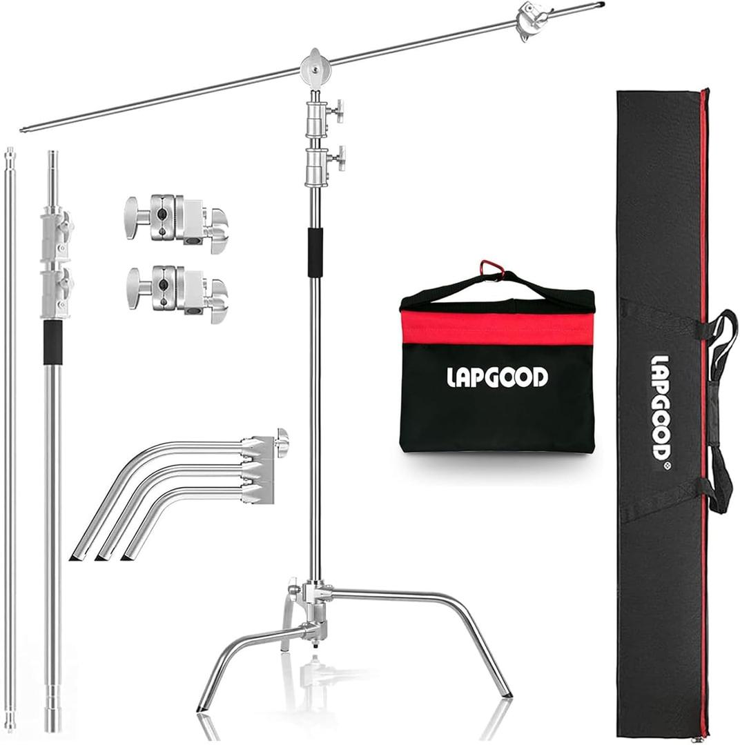 C Stand with Boom Arm tainless Steel Heavy Duty Stand Max Height 10.82ft,Adjustable Photography Light Stand with 4.2ft/128cm Holding Arm+2 Pieces Grip Head+Sandbag+Storage Bag