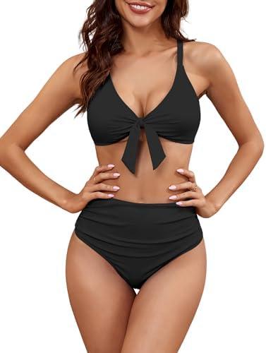 ZAFUL High Waisted Bikini Sets for Women Tummy Control Swimsuits Tie Knot High Rise 2025 Two Piece Bathing Suits, L