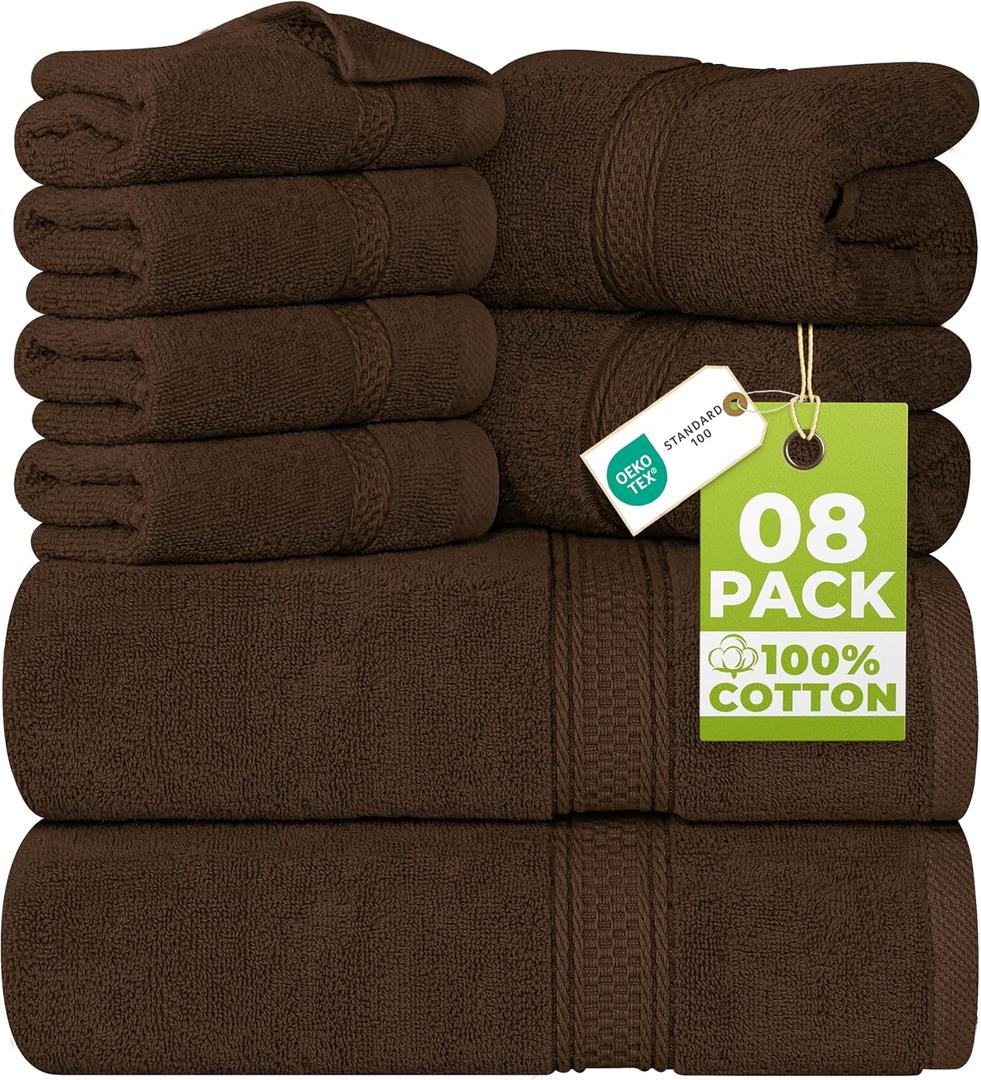 Utopia Towels 8-Piece Premium Towel Set, 2 Bath Towels, 2 Hand Towels, and 4 Wash Cloths, 600 GSM 100% Ring Spun Cotton Highly Absorbent Towels for Bathroom, Gym, Hotel, and Spa (Brown)