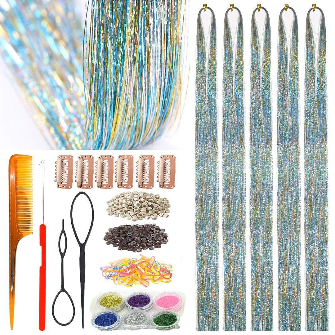 Rainbow Hair Tinsel,Ice Crystal Effect,Single Strands Gold Silver Blue Mixed Colors,5 PCs 48 Inch,Heat Resistant, Highlights Sparkling Glitter Fairy Hair Extensions for Kids Girls (Boxed)