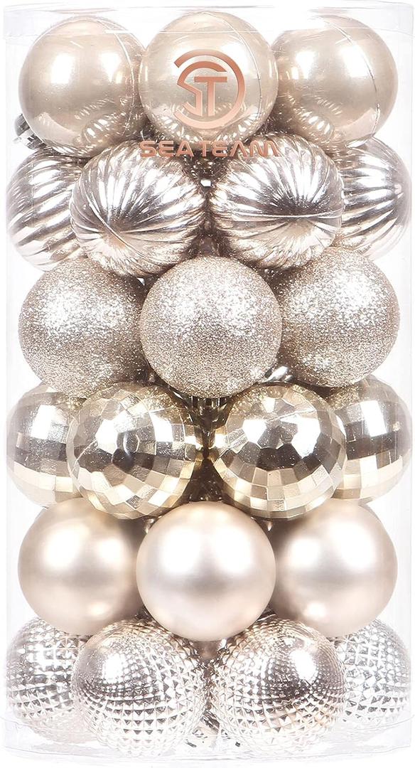 Sea Team 41-Pack Christmas Ball Ornaments with Strings, 40mm/1.57-Inch Small Size Baubles, Shatterproof Plastic Christmas Bulbs, Hanging Decorations for Xmas Tree, Holiday, Wedding, Party, Champagne