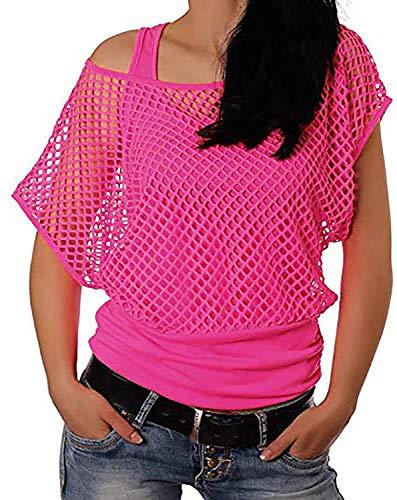 Smile Fish Women Casual Sexy 80s Costumes Fishnet Neon Off Shoulder T-Shirt (Hot Pink US 10/Tag Size L)