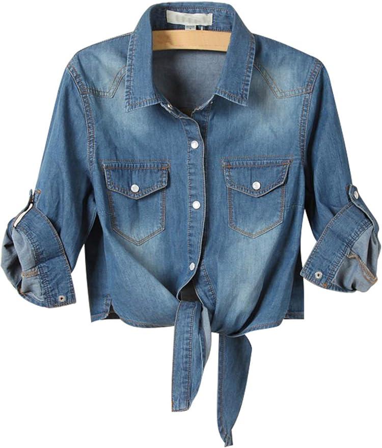 AMEBELLE Women's Roll Up 3/4 Sleeve Tie Front Knot Shirt Chambray Denim Crop Top XXL