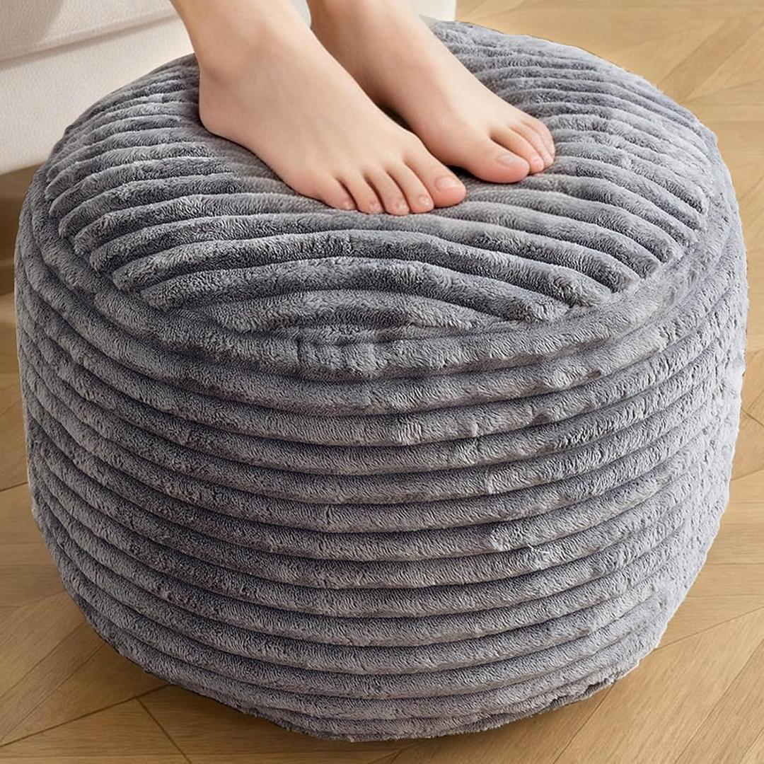Round Ottoman,Corduroy Pouf Ottoman Foot Rest,Storage Footstool for Living Room,20x15 Soft Floor Poufs,Memory Foam Filling - Dark Grey, 20x15 in