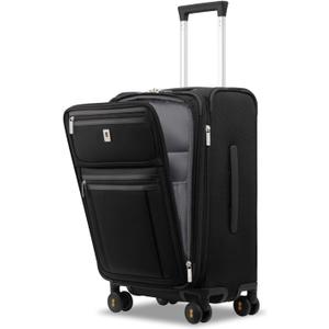 LEVEL8 Carry On Luggage Airline Approved with Compartment, Softside Expandable Rolling Suitcase with Spinner Wheels, Black, Carry-On 20-Inch