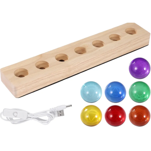 7 PCS Healing Crystal Spheres with LED Wooden Stand, 1.5 inch Colorful Glass Energy Balls Set with Geometric Carvings Inside, Meditation Decor & Ambient Night Light for Home Office