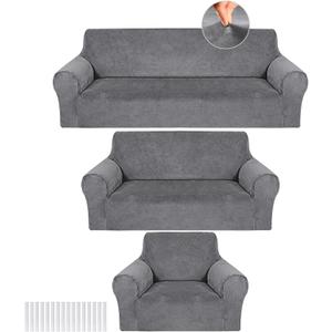 Peryiter 3 Pcs Slipcover Set for Couch Furniture Covers for Sofa Loveseat Couch Arm Chair, Form Fit Stretch, Wrinkle Free, Furniture Protector(Light Gray,Velvet)