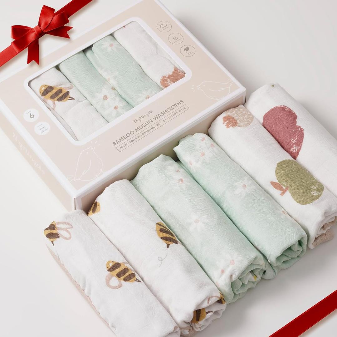 Nightingale Baby Washcloths, Rayon from Bamboo Baby Clothes Organic Wash Cloths with Cotton, Newborn Bath Essentials, Burping Cloths for Babies, Face Towels Reusable 12"x12" (Bee) - 6 Pack