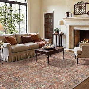 GENIMO 9x12 Area Rugs for Living Room, Machine Washable Non Slip Vintage Rugs, Low Pile Lightweight Chenille Print Rug for Bedroom, Dining Room, Home Office, Terracotta Indigo