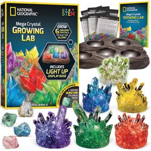 National Geographic Mega Crystal Growing Kit for Kids- Grow 6 Crystals with Light-Up Stand, Science Gifts for Kids 8-12, Crystal Making Experiment, Science Kit for Girls and Boys 
