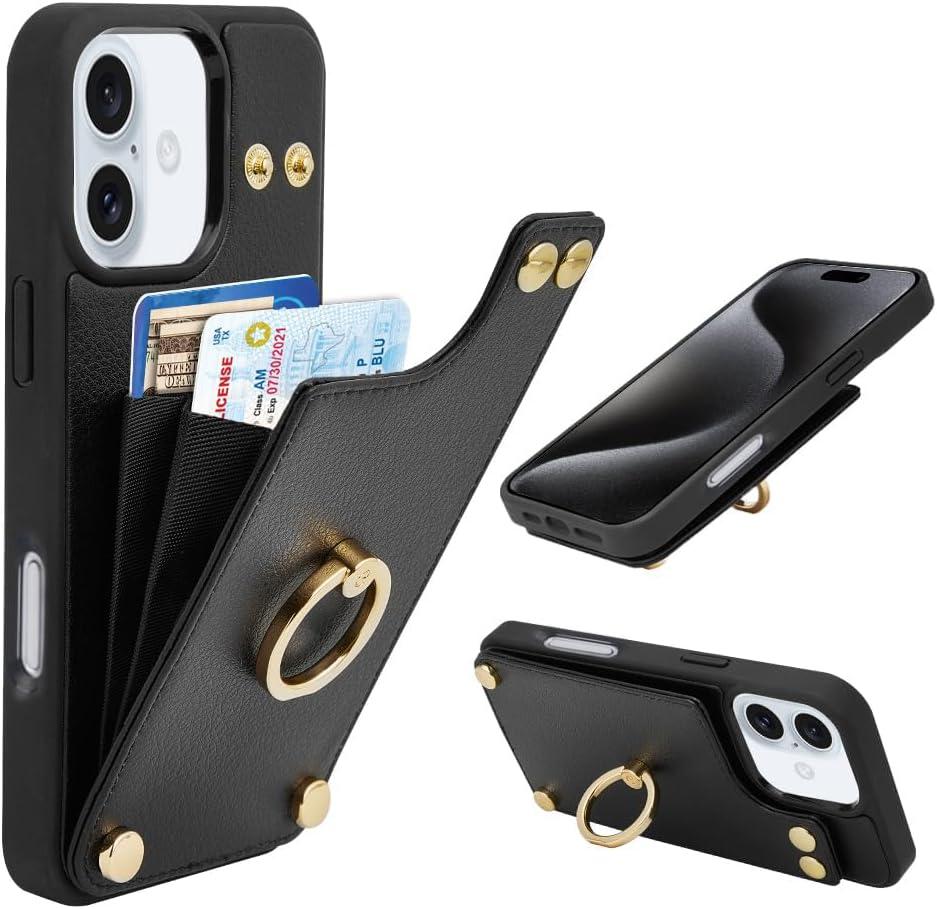 LAMEEKU Compatible with iPhone 16 Wallet Case with Card Holder, 360Rotation Ring Kickstand, RFID Blocking Leather Protective Case for iPhone 16 6.1'' Black