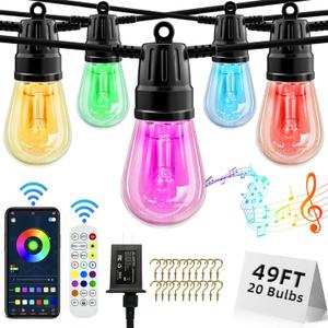 Outdoor String Lights, 49ft RGB Warm White Patio Lights 20 Bulbs, Outdoor Lights for Patio with APP & Remote, IP65 Waterproof, Color Changing Hanging LED Lights for Garden Yard Porch Party