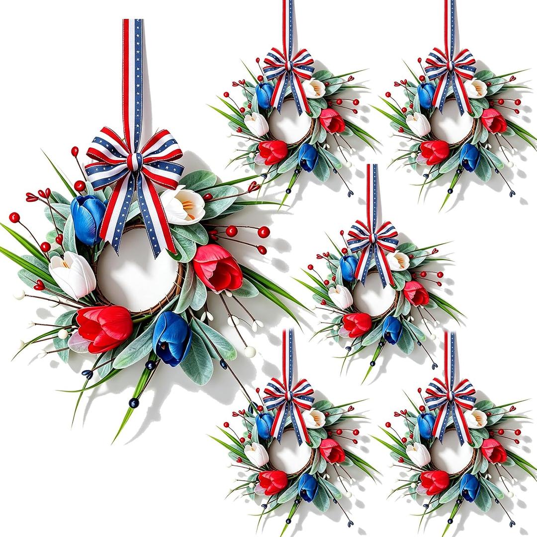 6 Pcs Patriotic Wreath Mini 4th of July Hanging Wreaths for Cabinets Artificial Red White Blue Tulip Berries Memorial Day Wreaths Pillar Candle Holder Wreath for Independence Day Porch Wall Decor