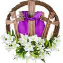 Easter Wreath Cross Door Sign Decorations He is Risen Wooden Wreath Hanging Sign Easter Christian Floral Door Decor 16.54 Inch for Home Wall Spring Party Favor Supplies Gift(Fresh)