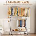 Heavy Duty Clothes Rack for Hanging Clothes, Double Rods Clothing Rack with Lockable Wheels, Rolling Garment Racks with Shelf, Easy to Assemble, Silver