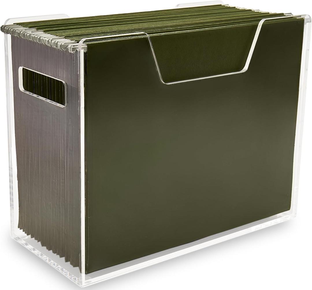 Acrylic File Holder - Clear Hanging File Organizer Box, Modern Acrylic File Folder Organizer, Lucite Hanging File Crate Bin with handles, Transparent Desktop File Folder Box for Letter Size
