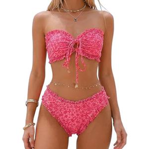 SHENHE Women's 2 Piece Bandeau Bikini Set Floral Print Tie Knot Ruffle Strapless Swimsuits, X-Large Pink