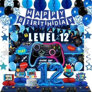 Video Game 12th Birthday Decorations for Boys, Blue Level 12 Party Decor Kits for Boy, 12 Years Old Game Supplies- Backdrop Honeycomb balls Hanging Swirls Centerpieces Balloons Tablecloth Cake topper