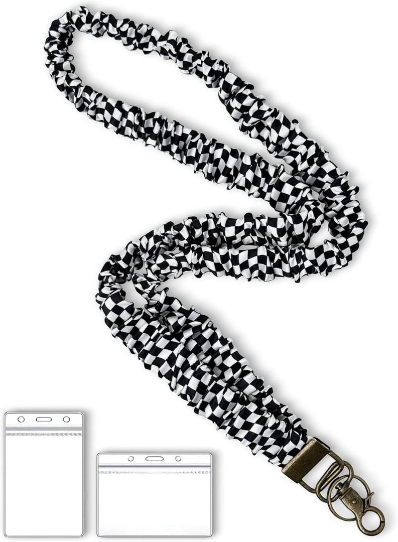 2 x Stretchy Scrunchie Lanyard for ID Badges Keys, Cute Teacher Lanyard for Women with 2 Card Holders 19.6 Inch (Black and White Checkered)