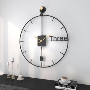 Cuspin 20 inch Modern Wall Clock with Swing Pendulum, Battery Operated Silent Non-Ticking Metal Wall Clock for Living Room Decor, Decorative Hanging Clock for Bedroom, Office, Kitchen, Home Wall