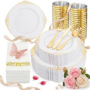 Nervure 350PCS Gold Plastic Dinnerware - White and Gold Disposable Plates for 50 Guests - 100 White Disposable Plates, 150 Plastic Silverware, 50 Cups, 50 Napkins for Wedding & Party & Mothers Day