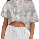 MISSACTIVER Oversized Off The Shoulder Top for Women Short Sleeve Boat Neck Crop Tee Loose Summer Workout Shirt (Small, Camo Light Grey)