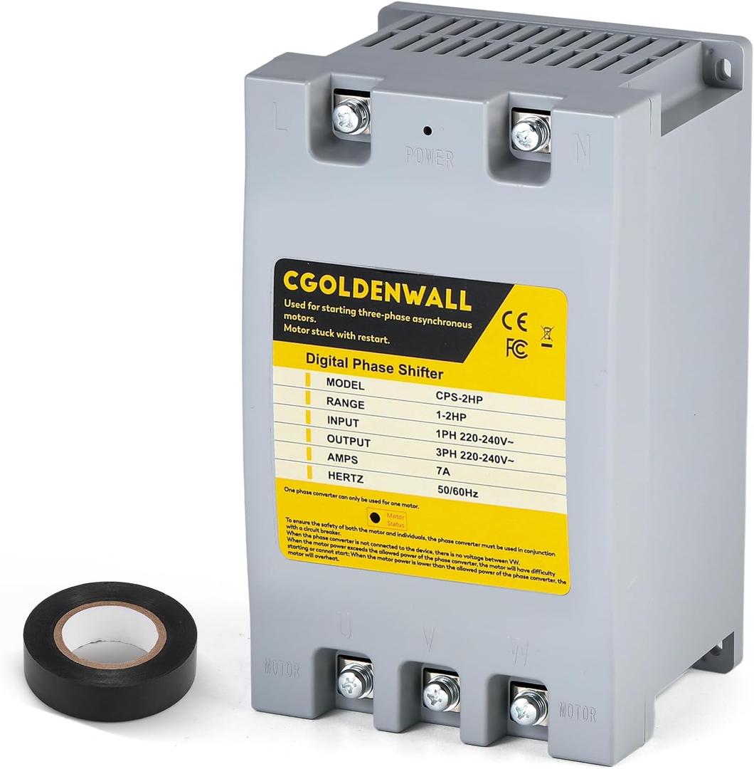 CGOLDENWALL Single Phase to 3 Phase Converter 2HP/1.5KW 7A 220V-240V Input/Output Digital Phase Shifter, 2HP/1.5KW Rated Load, 1HP/0.75KW Heavy Loads, One Converter for One Motor