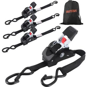 Self Retracting Ratchet Straps 1" x 10' (4-Pack) - Black Heavy Duty Tie Down Straps with Auto Retract, 1540lb Break Strength for Truck, Motorcycle, ATV, Cargo Trailer