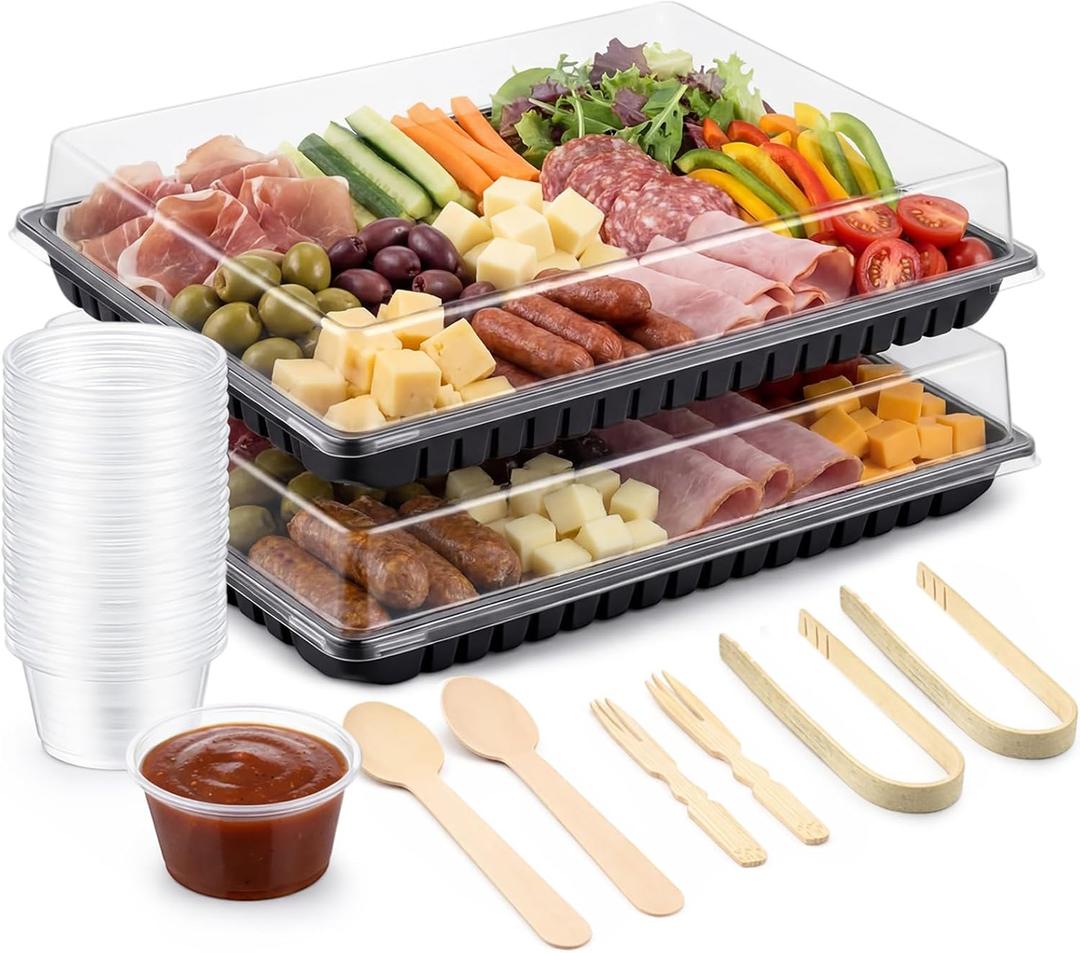 Shellwei Disposable Charcuterie Board Accessories 2 Pack 15 x 10 Inch Charcuterie Board with Lid 10 Mini Serving Tongs 20 Spoons 100 Forks 50 Toothpick Flags 10 Bowls for Butter Cheese Jam Appetizer, 14.96 x 10 x 3.15 inch