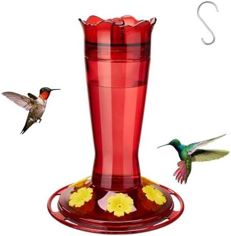 Kingsyard Glass Hummingbird Feeder for Outdoors Hanging, 14 oz Leak-Proof Humming Bird Feeders with Ant Moat & Bee Proof Feeding Ports, Hummingbird Gift for Bird Lovers (Red)