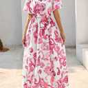 KIRUNDO Women Spring Summer Wedding Guest Boho Floral Maxi Dress Puff Sleeve Button Shirt V Neck Flowy Beach Vacation Dress (White, M)