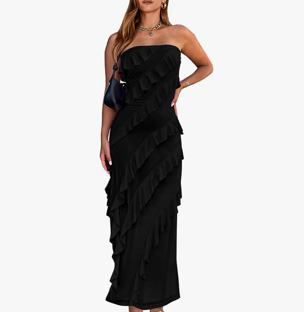 BTFBM Women Summer Elegant Strapless Midi Ruched Bodycon Dress Solid Color Stretch Mesh Slim Party Cocktail Dresses, S