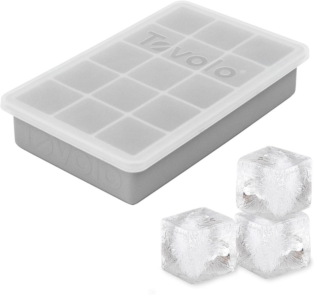 Tovolo Silicone Ice Cube Tray with Lid for Freezer Oyster Gray, Dishwasher Safe BPA Free Silicone Ice Cube Mold Tray with Cover, Easy Release 1 Inch Ice Cube for Coffee Cocktails Bourbon Whiskey