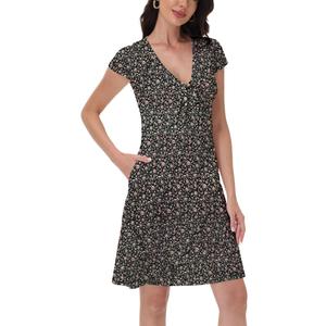 Women's Boho Summer Floral Short Sleeve Mini Dress Bow V Neck A Line Short Dresses (Black, L)