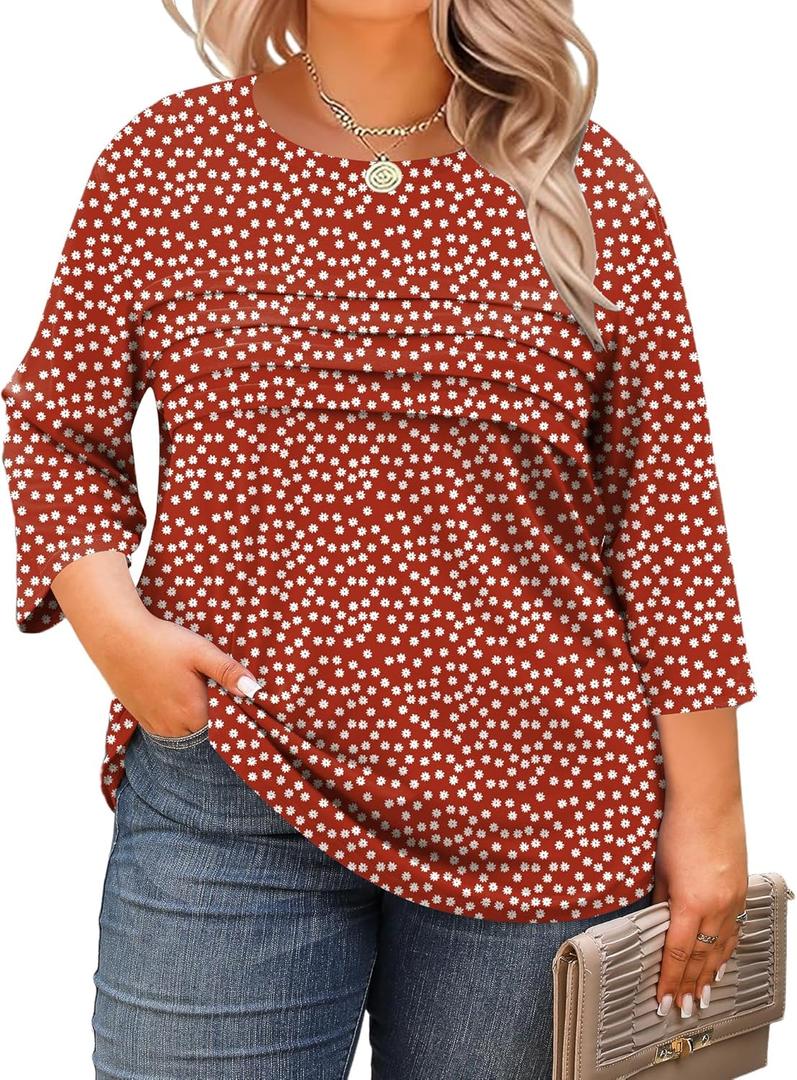 LOMON Plus Size Women Blouses 3/4 Length Sleeve Tops Crewneck Pleated Casual Tees Shirts 1X-5X (Red Daisy)