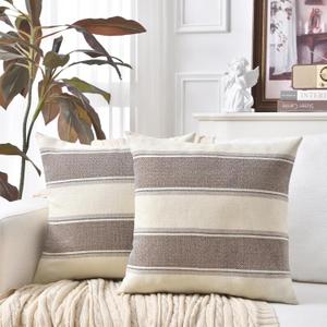 AmHoo Pack of 2 Farmhouse Linen Throw Pillow Cover Cushion Stripe Decoration Buffalo Retro Pillowcase with Hidden Zipper for Sofa Bedroom Car 20 x 20 Inch Brown