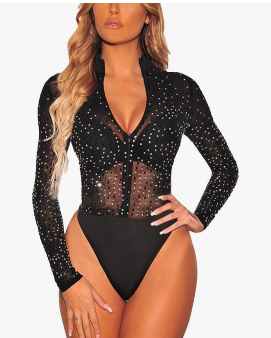 Lrady Women's Sheer Mesh Turtleneck Neck See Through Leotard Bodysuit Body Tops, S