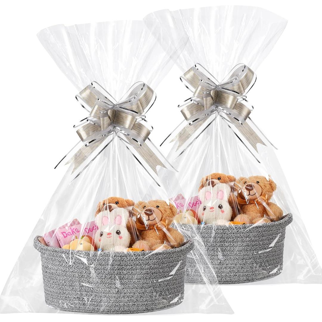 Colingmill 2 Pack Empty Gift Basket with Handles with Gift Bags Ribbons Woven Baskets Storage Empty Chest Box for Birthday Shower Day or Summer Wedding Presents Package(Mix Gray)